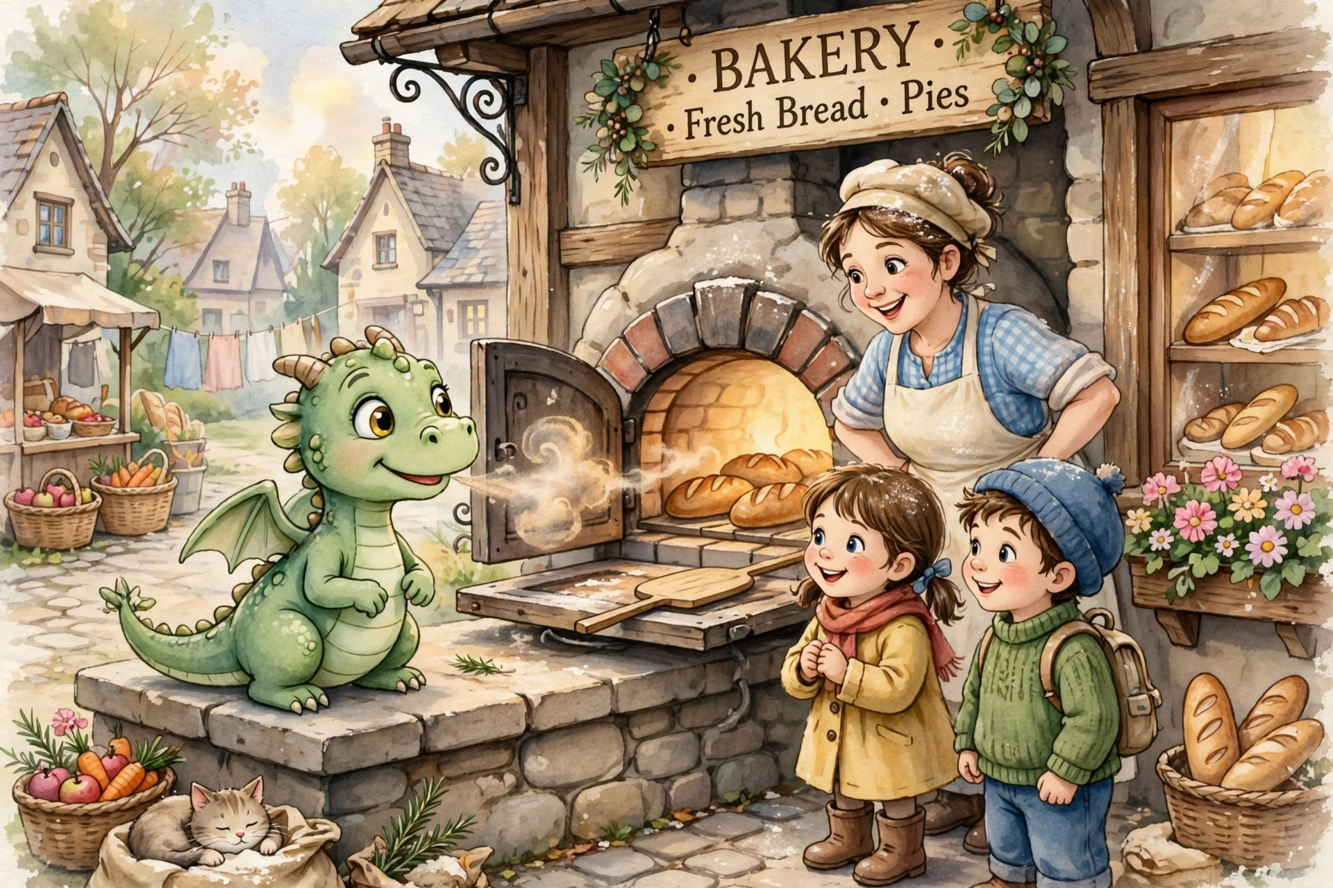 A friendly green dragon warming a bakery oven