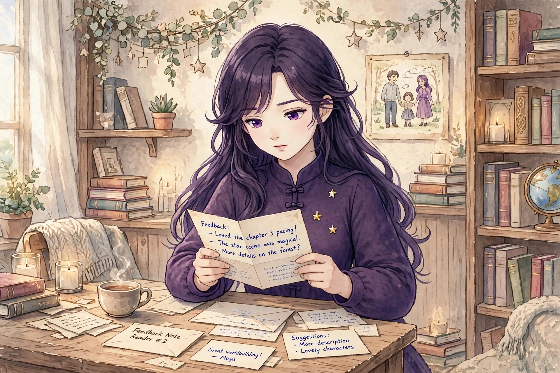 Guidess, in the same purple dress, reading the feedbacks